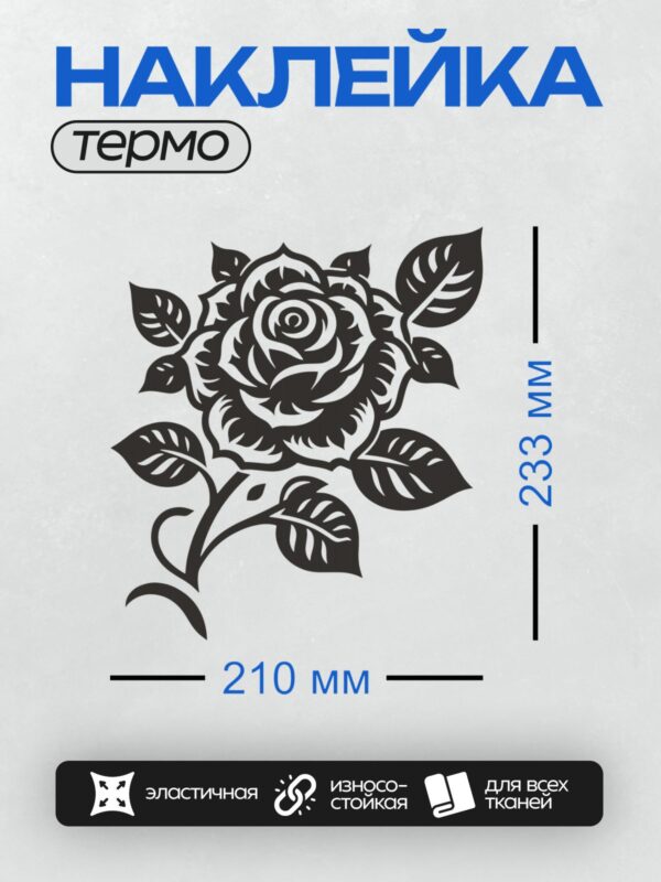 Термонаклейка на одежду DTF / Черно-белая роза с листьями, стилизованный рисунок.