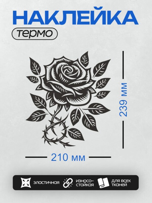Термонаклейка на одежду DTF / Черно-белая роза с листьями, стилизованный рисунок.