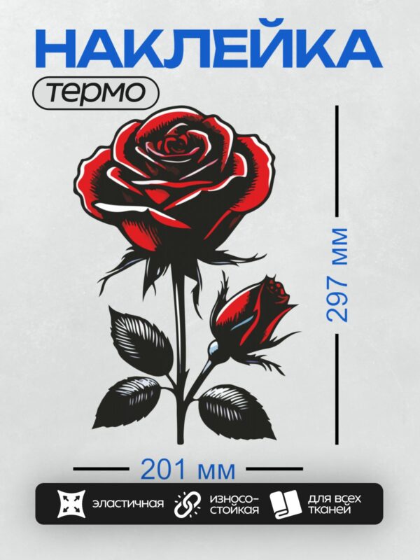 Термонаклейка на одежду DTF / Стилизованная черно-красная роза с листьями.