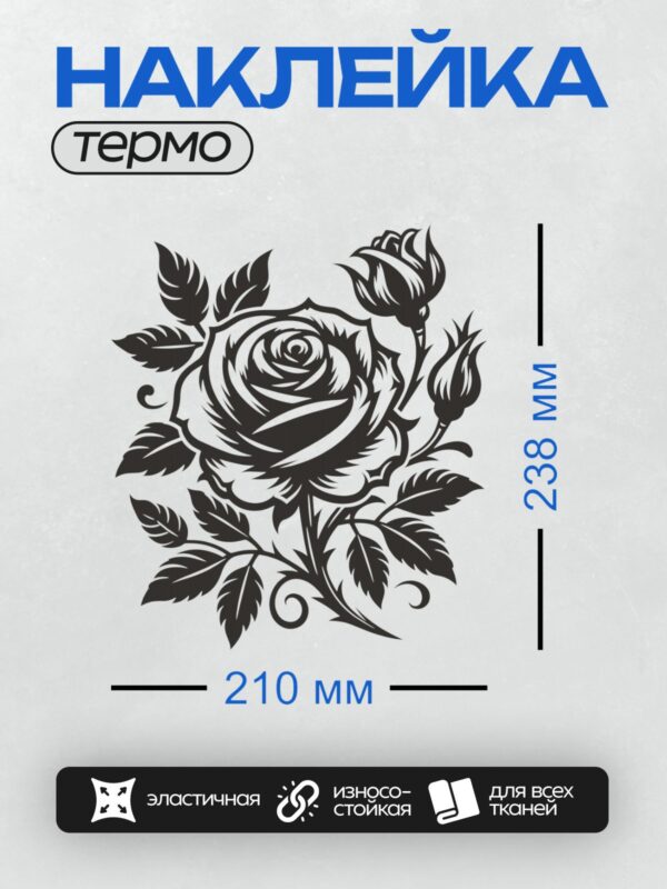 Термонаклейка на одежду DTF / Черно-белая роза с листьями, стилизованный рисунок.
