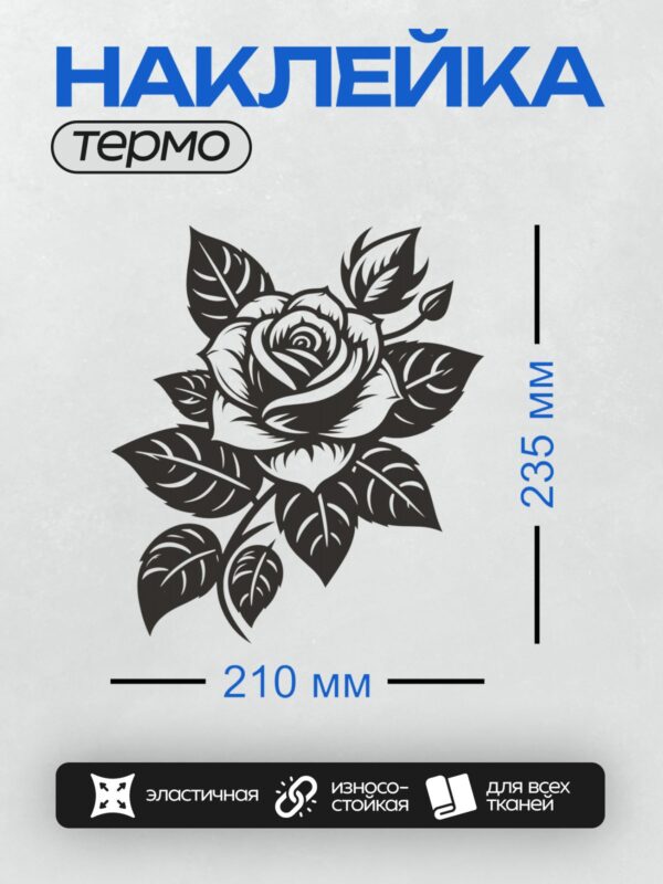 Термонаклейка на одежду DTF / Черно-белая роза с листьями, контурный стиль.