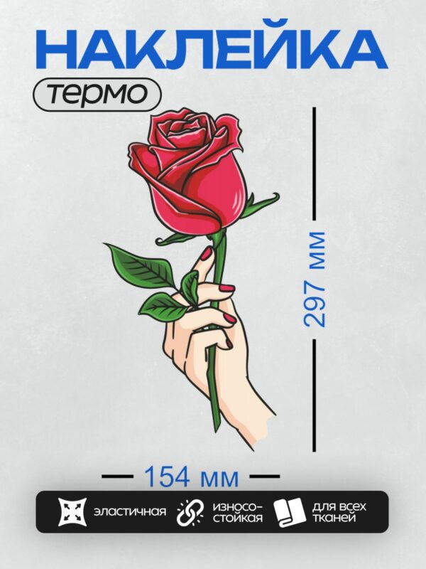 Термонаклейка на одежду DTF / Рука держит красную розу с зелеными листьями.