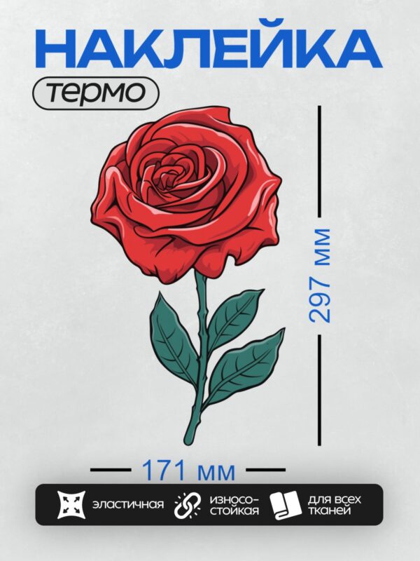 Термонаклейка на одежду DTF / Красная роза с зелёными листьями, стилизованный рисунок.