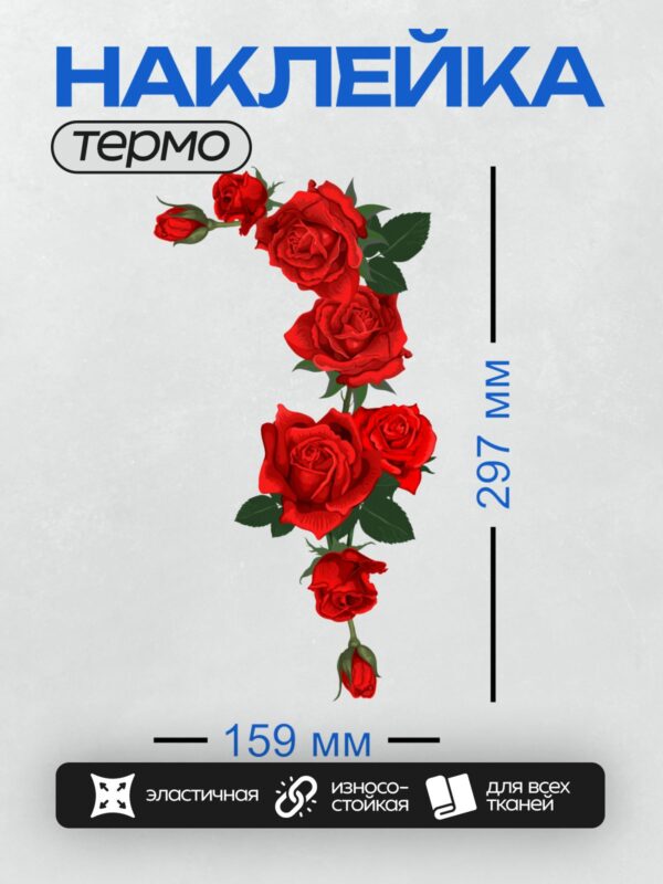 Термонаклейка на одежду DTF / Красные розы с листьями на белом фоне.