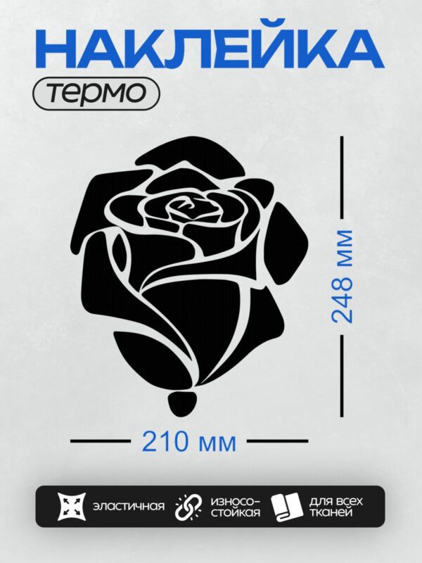 Термонаклейка на одежду DTF / Черно-белая роза с плавными линиями и листьями.