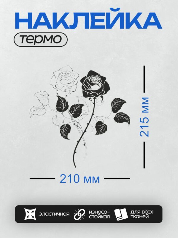 Термонаклейка на одежду DTF / Черно-белый контурный рисунок розы с листьями.