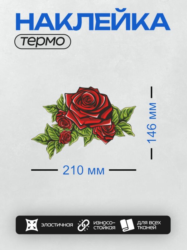 Термонаклейка на одежду DTF / Красная роза с зелёными листьями, контурный стиль.