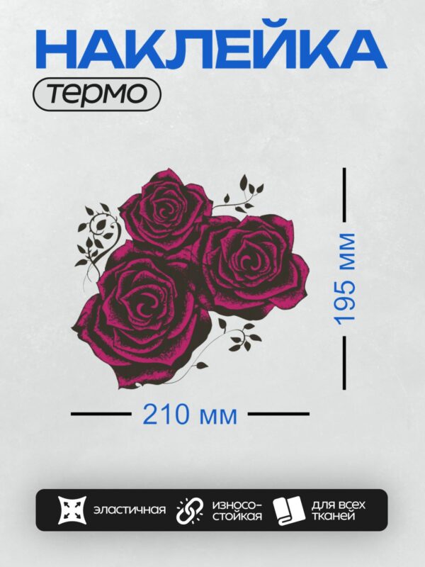 Термонаклейка на одежду DTF / Три фиолетовые розы с черными контурами и листьями.