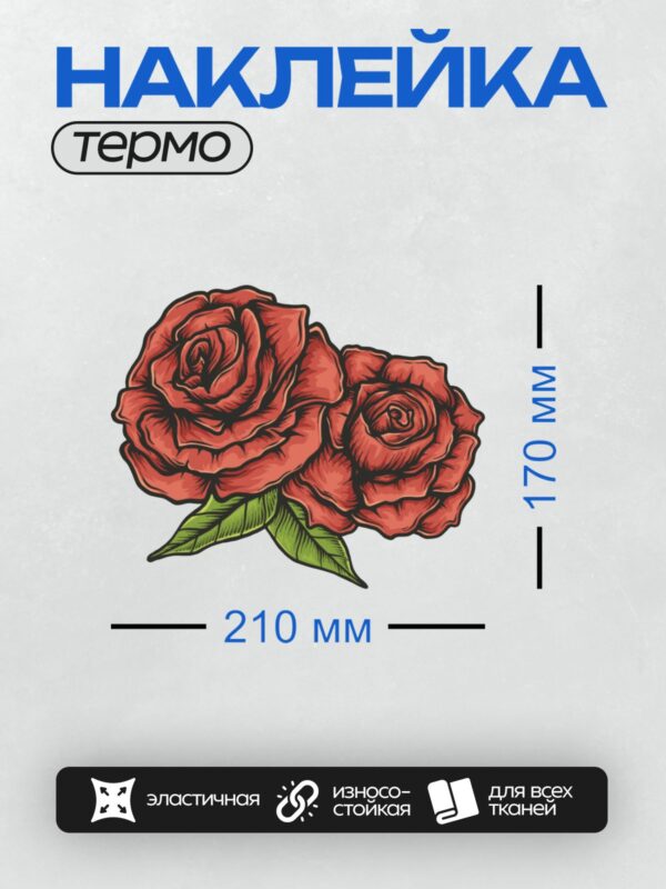Термонаклейка на одежду DTF / Две красные розы с зелёными листьями, стилизованный рисунок.