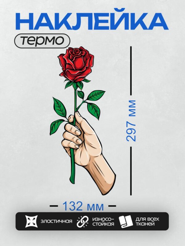 Термонаклейка на одежду DTF / Рука держит красную розу с зелёными листьями.