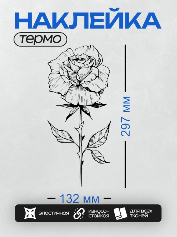Термонаклейка на одежду DTF / Черно-белая роза с четкими линиями и деталями.