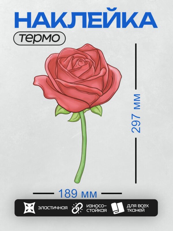 Термонаклейка на одежду DTF / Красная роза с зелёными листьями, стилизованный рисунок.