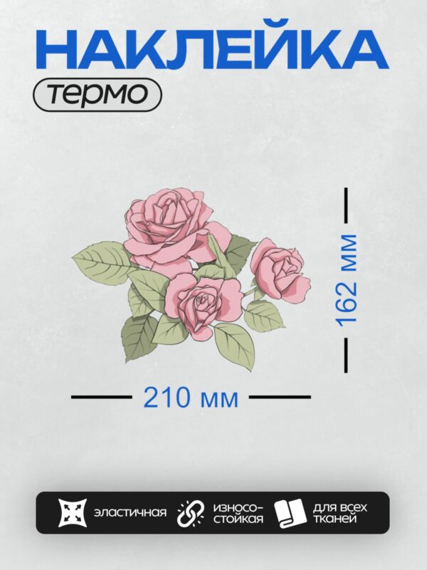 Термонаклейка на одежду DTF / Розовые розы с зелёными листьями, векторная иллюстрация.