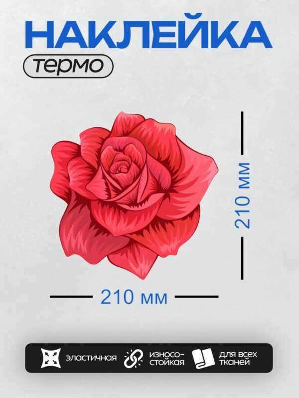 Термонаклейка на одежду DTF / На изображении представлена яркая красная роза, выполненная в графическом стиле. Лепестки розы имеют насыщенный красный цвет с плавными переходами оттенков, что придаёт цветку объём и выразительность. Фон изображения белый, что подчёркивает яркость и детализацию розы.