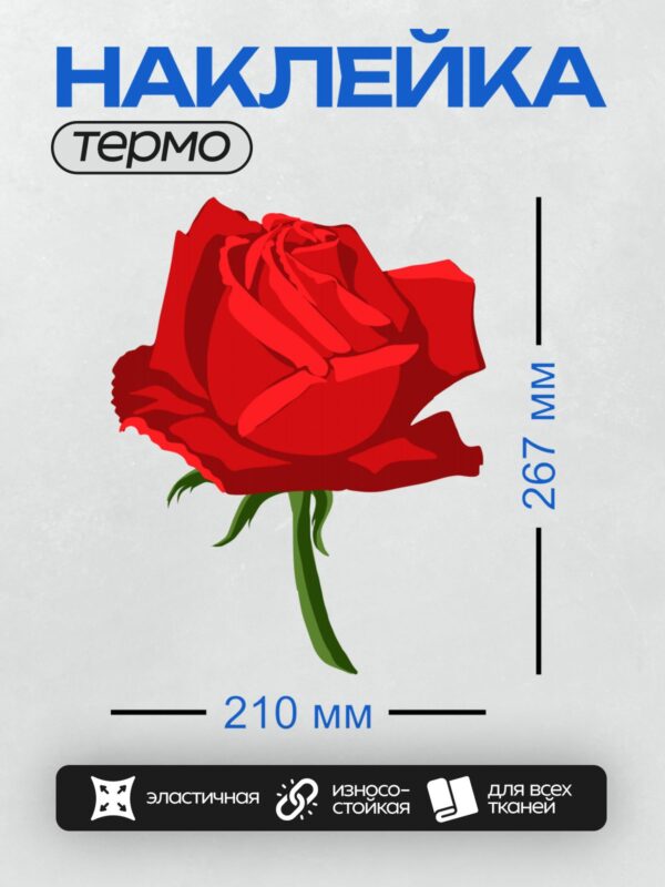 Термонаклейка на одежду DTF / Красная роза с зелёным стеблем и листьями, векторная иллюстрация.