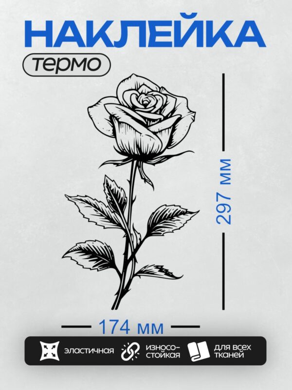 Термонаклейка на одежду DTF / Черно-белая роза с листьями, векторная иллюстрация.