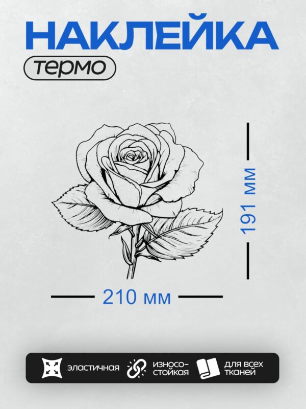 Термонаклейка на одежду DTF / Черно-белая роза с четкими контурами и листьями.