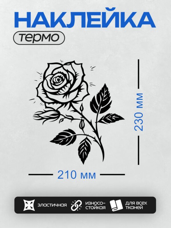 Термонаклейка на одежду DTF / Черно-белая роза с листьями, выполненная в графическом стиле.