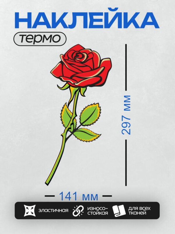 Термонаклейка на одежду DTF / Красная роза с зелеными листьями, стилизованный рисунок.