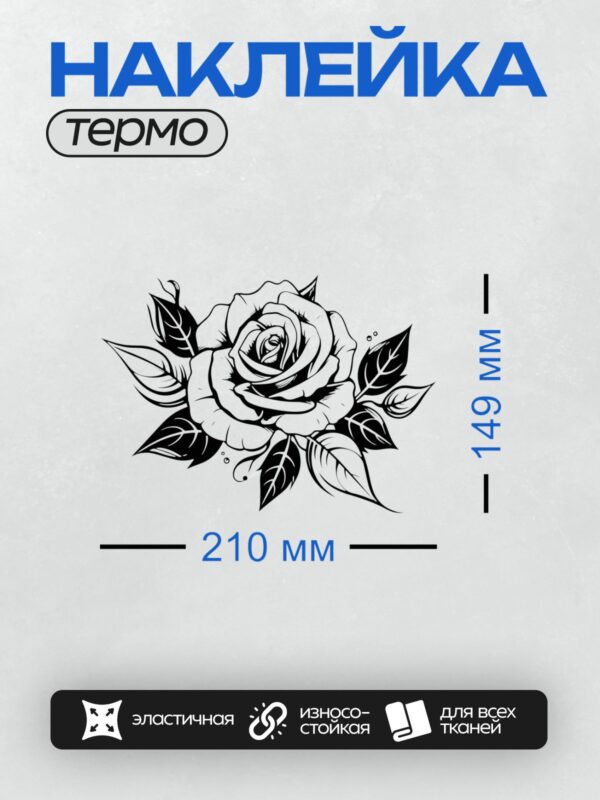 Термонаклейка на одежду DTF / Черно-белая роза с листьями, стилизованный рисунок.