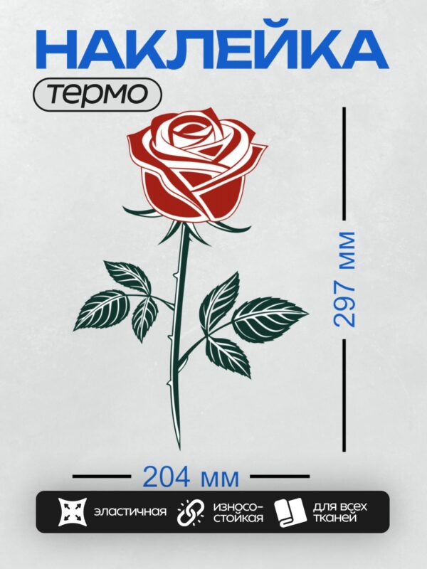 Термонаклейка на одежду DTF / Красная роза с зелеными листьями, векторная графика.