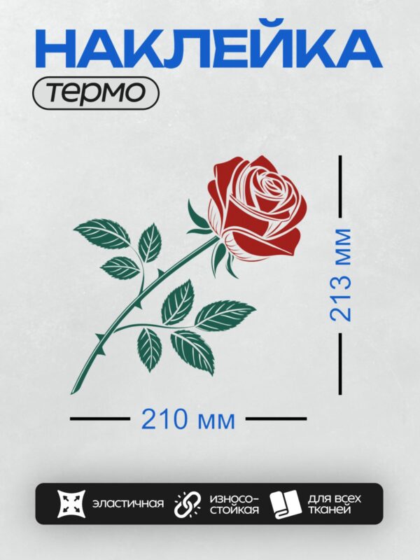 Термонаклейка на одежду DTF / Красная роза с зелеными листьями, стилизованный рисунок.