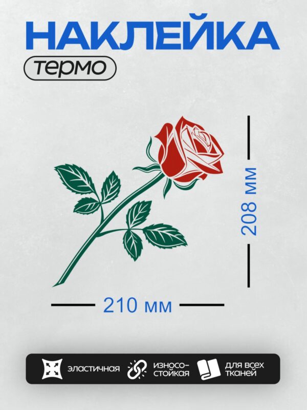 Термонаклейка на одежду DTF / Красная роза с зелеными листьями, векторная графика.