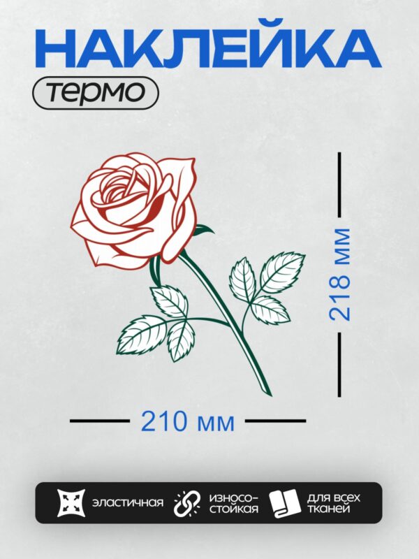 Термонаклейка на одежду DTF / Красная роза с зелеными листьями, стилизованный рисунок.