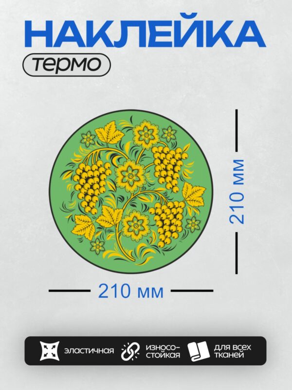 Термонаклейка на одежду DTF / Хохломская роспись: ягоды рябины, цветы, зелёный фон.