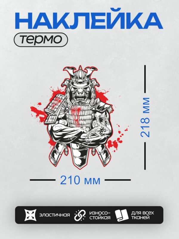 Термонаклейка на одежду DTF / Самурай в доспехах с красными акцентами и драконом.