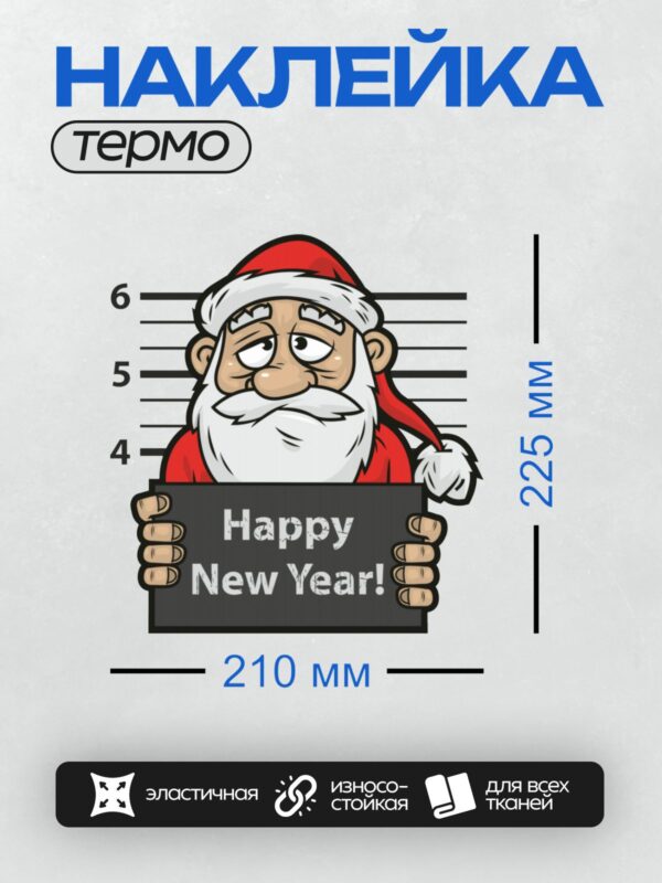Термонаклейка на одежду DTF / Мультяшный Дед Мороз с табличкой "Happy New Year!".