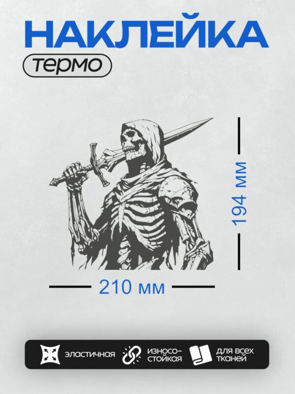 Термонаклейка на одежду DTF / Скелет в капюшоне с мечом, стиль граффити.