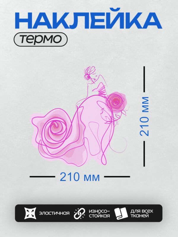 Термонаклейка на одежду DTF / Девушка в платье с розами, розовые линии, абстракция.