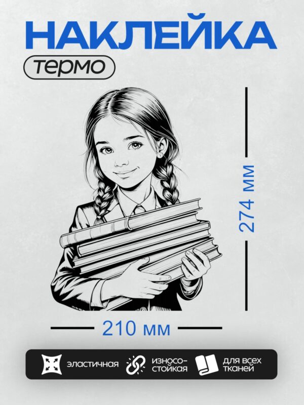 Термонаклейка на одежду DTF / Черно-белая иллюстрация девушки с двумя косами, держащей стопку книг.