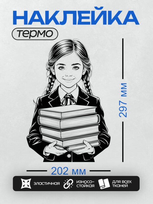 Термонаклейка на одежду DTF / Девушка с двумя косами держит стопку книг.