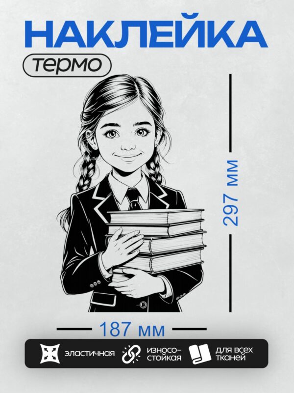 Термонаклейка на одежду DTF / Девушка с двумя косами держит стопку книг.