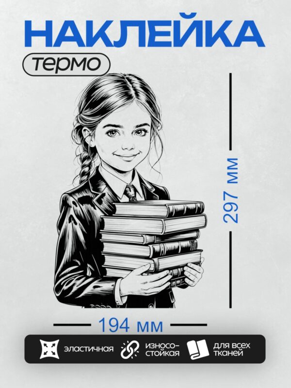 Термонаклейка на одежду DTF / Девушка в школьной форме с книгами, черно-белая иллюстрация.