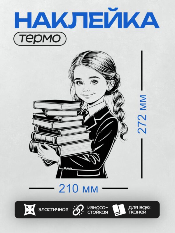 Термонаклейка на одежду DTF / Девушка с двумя косами держит стопку книг.