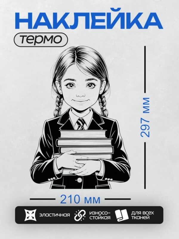 Термонаклейка на одежду DTF / Девочка-школьница с двумя косами держит книги.