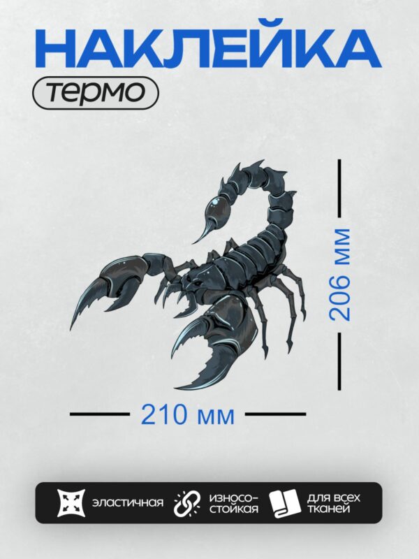Термонаклейка на одежду DTF / Черный скорпион на белом фоне, детализированный рисунок.