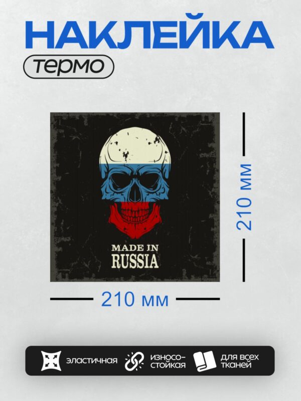 Термонаклейка на одежду DTF / Череп в цветах российского флага с надписью "Made in Russia".