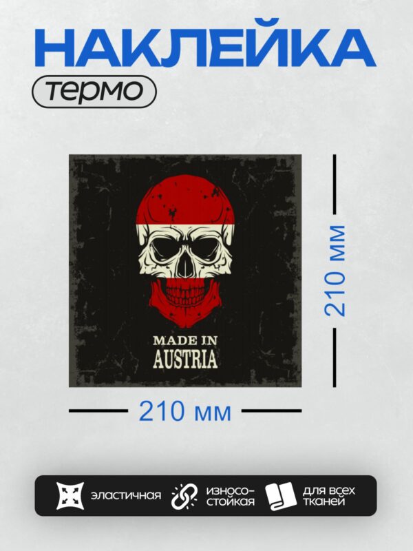 Термонаклейка на одежду DTF / Череп с флагом Австрии и надписью "Made in Austria".