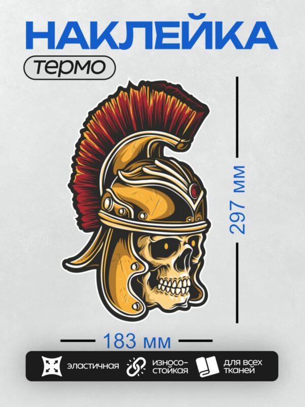Термонаклейка на одежду DTF / Череп в шлеме римского легионера с красным гребнем.