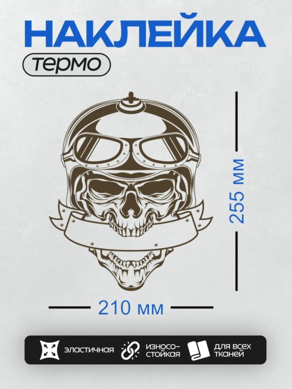 Термонаклейка на одежду DTF / Череп в мотоциклетном шлеме с очками и лентой.