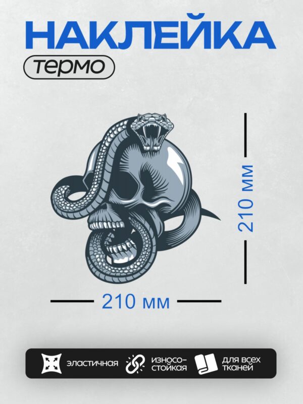 Термонаклейка на одежду DTF / Череп с коброй, обвивающей его кольцами.