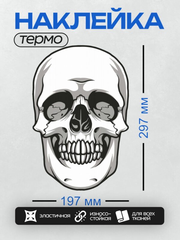 Термонаклейка на одежду DTF / Стилизованный череп с акцентом на зубы и глазницы.