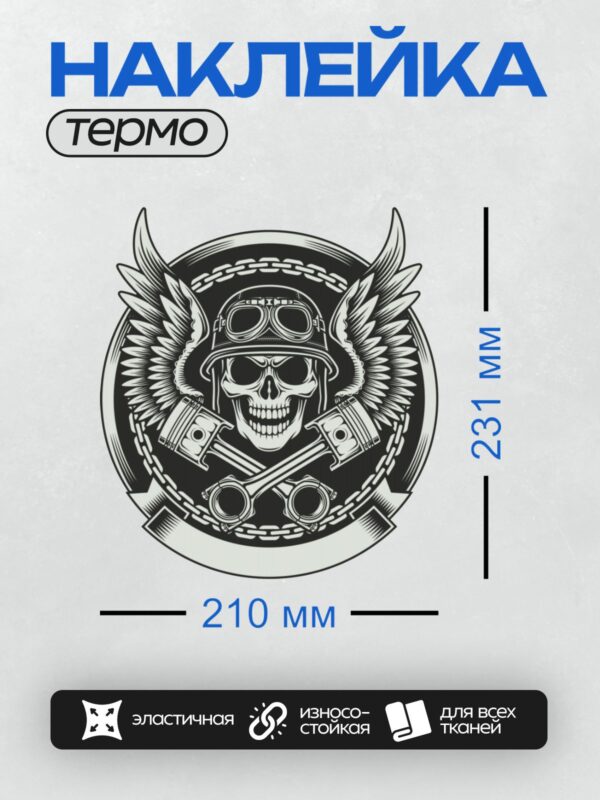 Термонаклейка на одежду DTF / Череп в шлеме с очками, крыльями и поршнями.