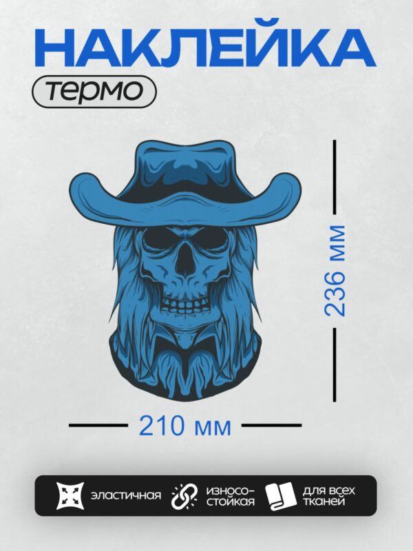 Термонаклейка на одежду DTF / Стилизованный синий череп в ковбойской шляпе.