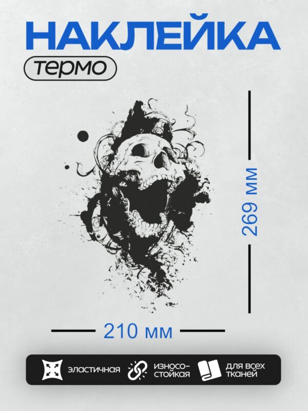 Термонаклейка на одежду DTF / Череп в стиле гранж с абстрактными цветочными элементами.