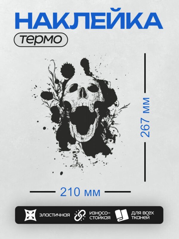 Термонаклейка на одежду DTF / Черно-белый череп, окруженный абстрактными кляксами.